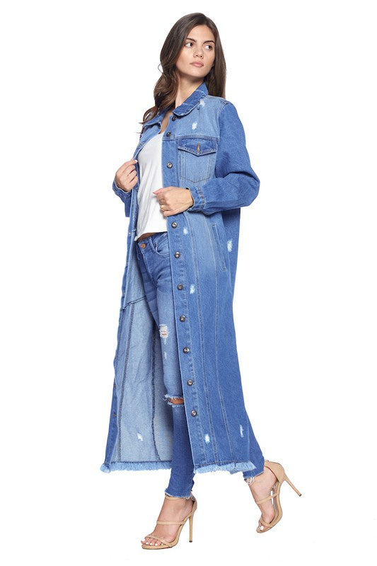 Women's Long Distressed Denim Jacket - Tigbul's Variety Fashion Shop