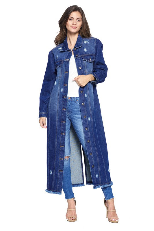 Women's Long Distressed Denim Jacket - Tigbul's Variety Fashion Shop