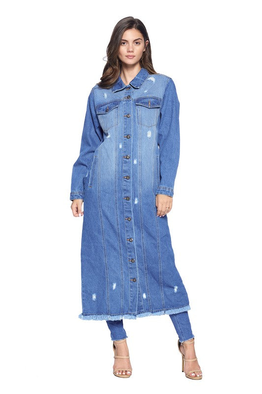 Women's Long Distressed Denim Jacket - Tigbul's Variety Fashion Shop