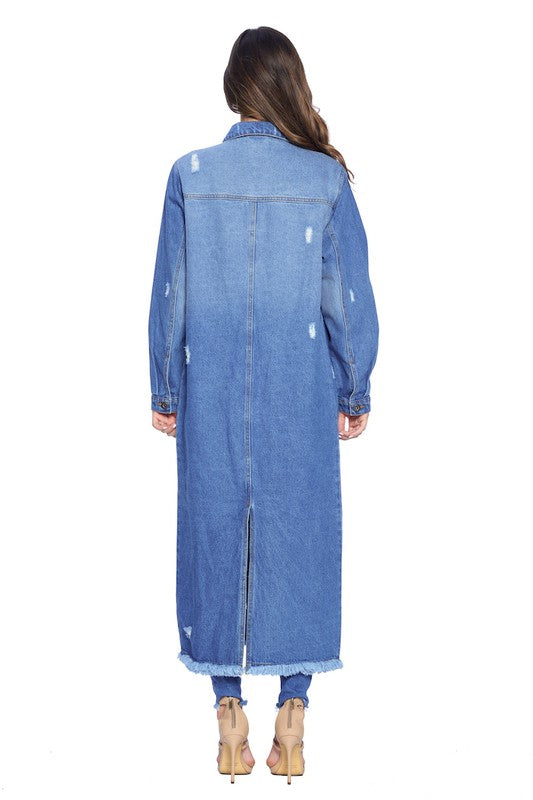 Women's Long Distressed Denim Jacket - Tigbul's Variety Fashion Shop