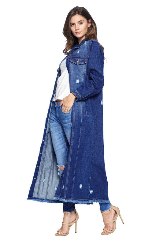 Women's Long Distressed Denim Jacket - Tigbul's Variety Fashion Shop