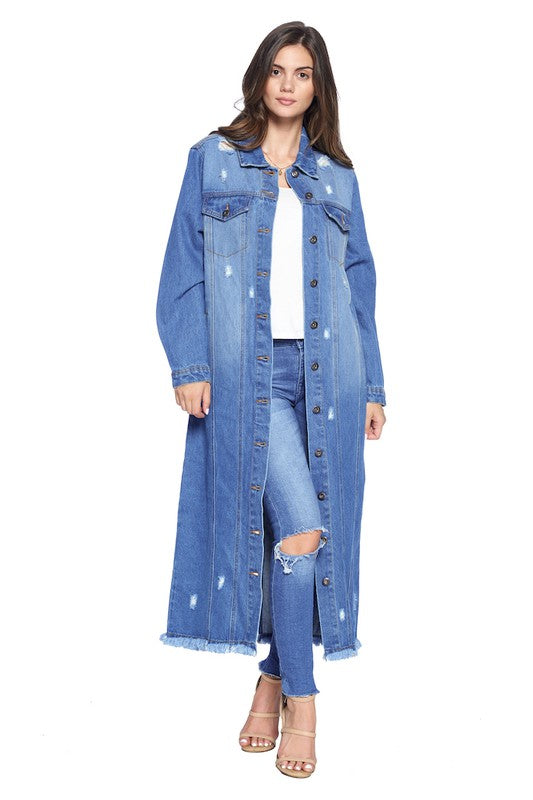 Women's Long Distressed Denim Jacket - Tigbul's Variety Fashion Shop