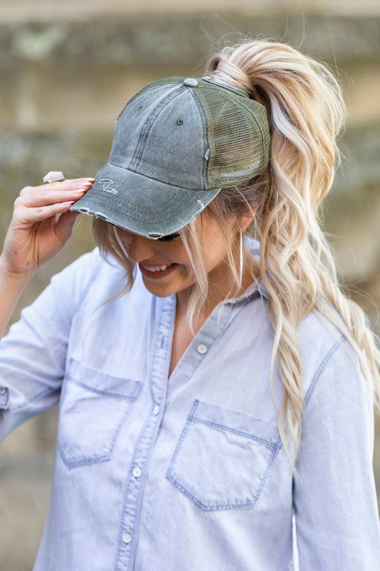 Distressed Messy Bun Hat Cap - Tigbul's Variety Fashion Shop