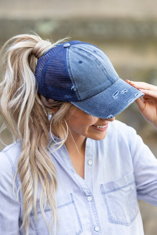 Distressed Messy Bun Hat Cap - Tigbul's Variety Fashion Shop