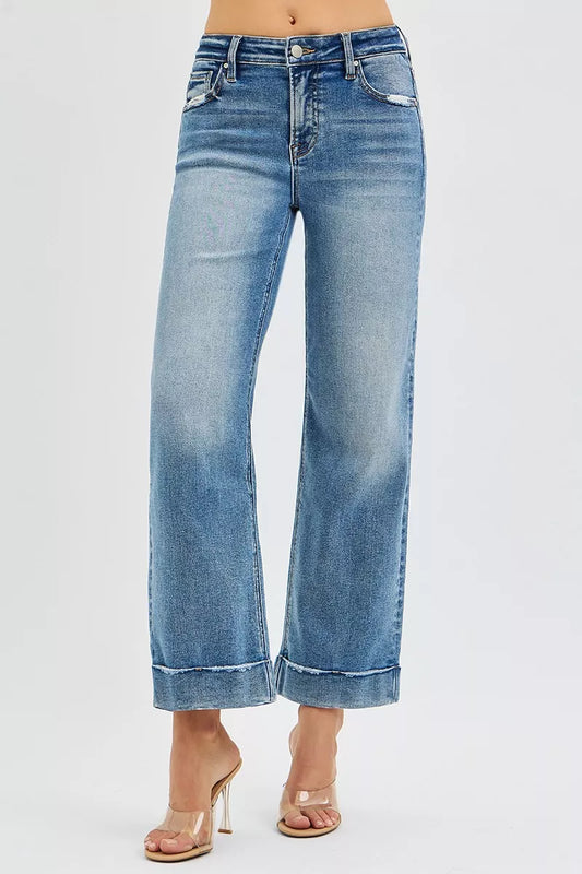 RISEN Full Size Mid Rise Crop Straight Jeans with Taylor Cuffed Plus Size - Tigbul's Variety Fashion Shop