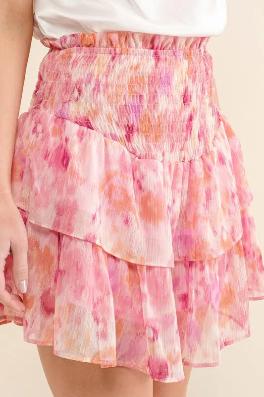 Printed Lurex Smocked Waist Tiered Skort - Tigbul's Variety Fashion Shop