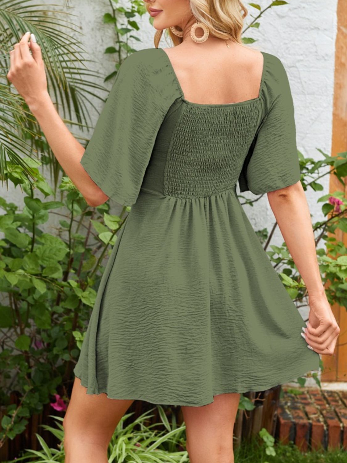Smocked Back Knotted Flutter Sleeve Dress - Tigbul's Variety Fashion Shop