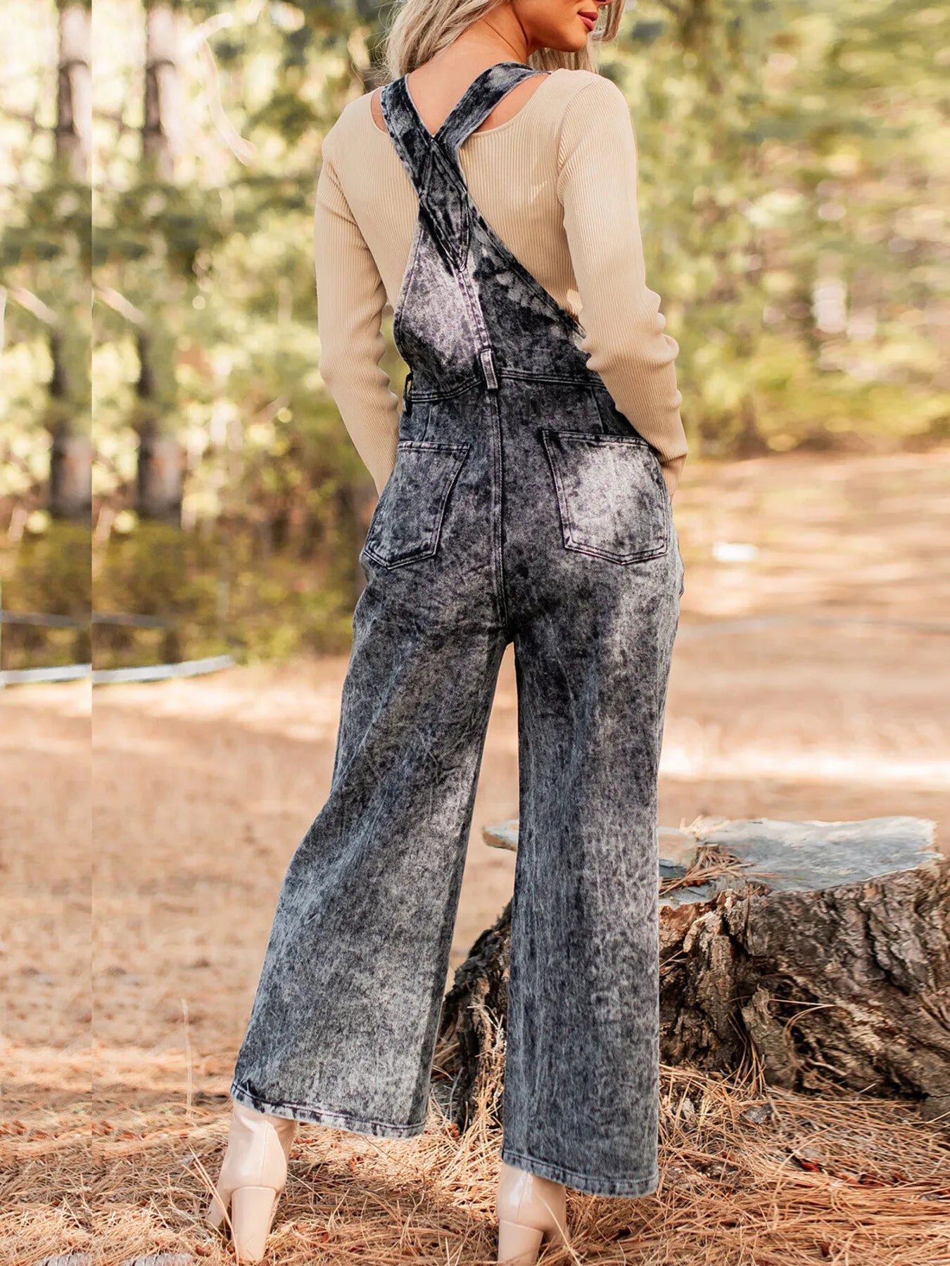 Vintage Washed Wide Leg Denim Overalls with Front Pockets - Tigbul's Variety Fashion Shop