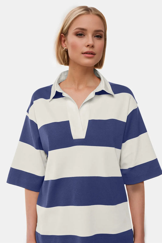 Oh Pima Cotton Wash Color Block Johnny Collar Half Sleeve Top - Tigbul's Variety Fashion Shop