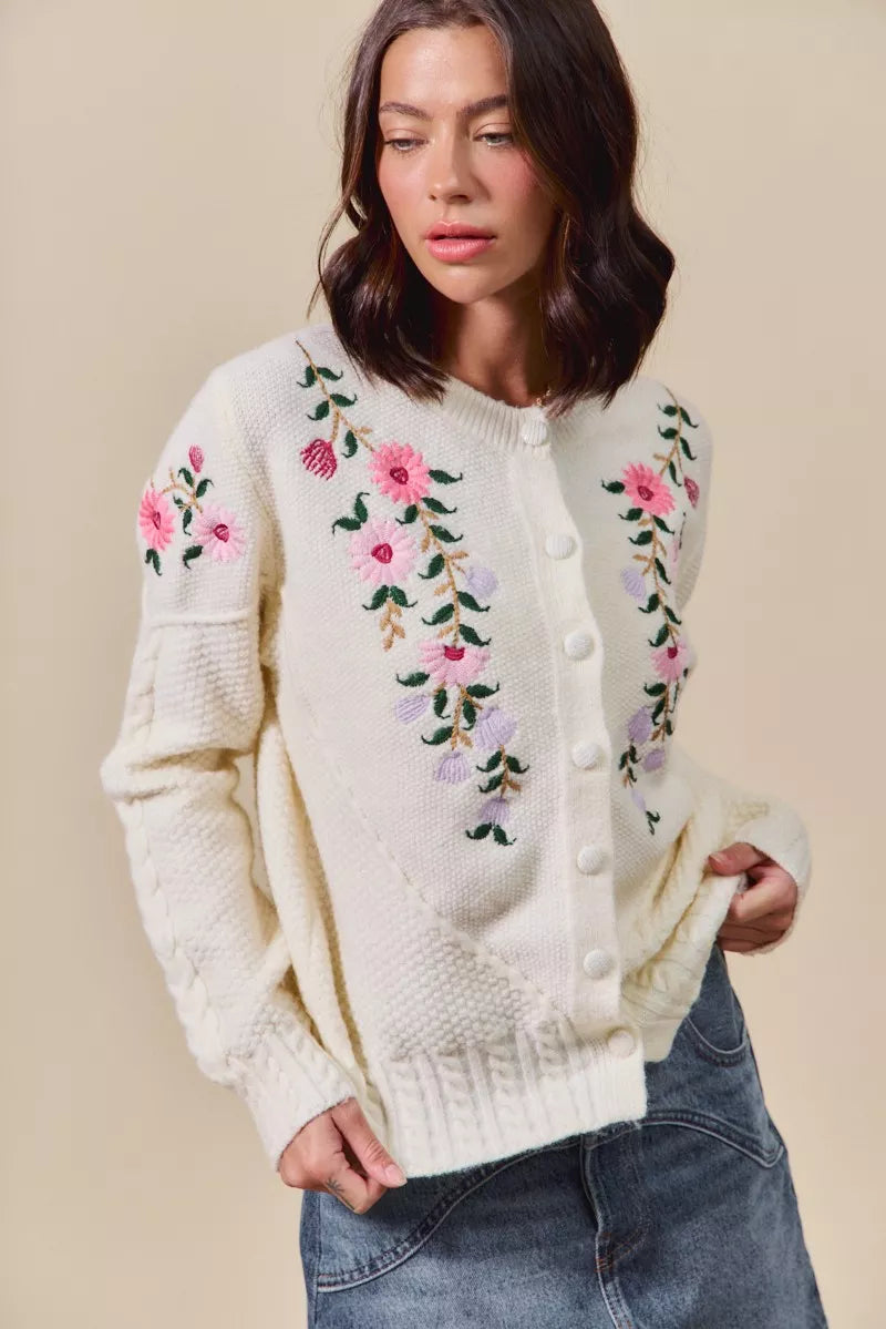 SO ME Floral Embroidered Coquette Sweater Cardigan - Tigbul's Variety Fashion Shop
