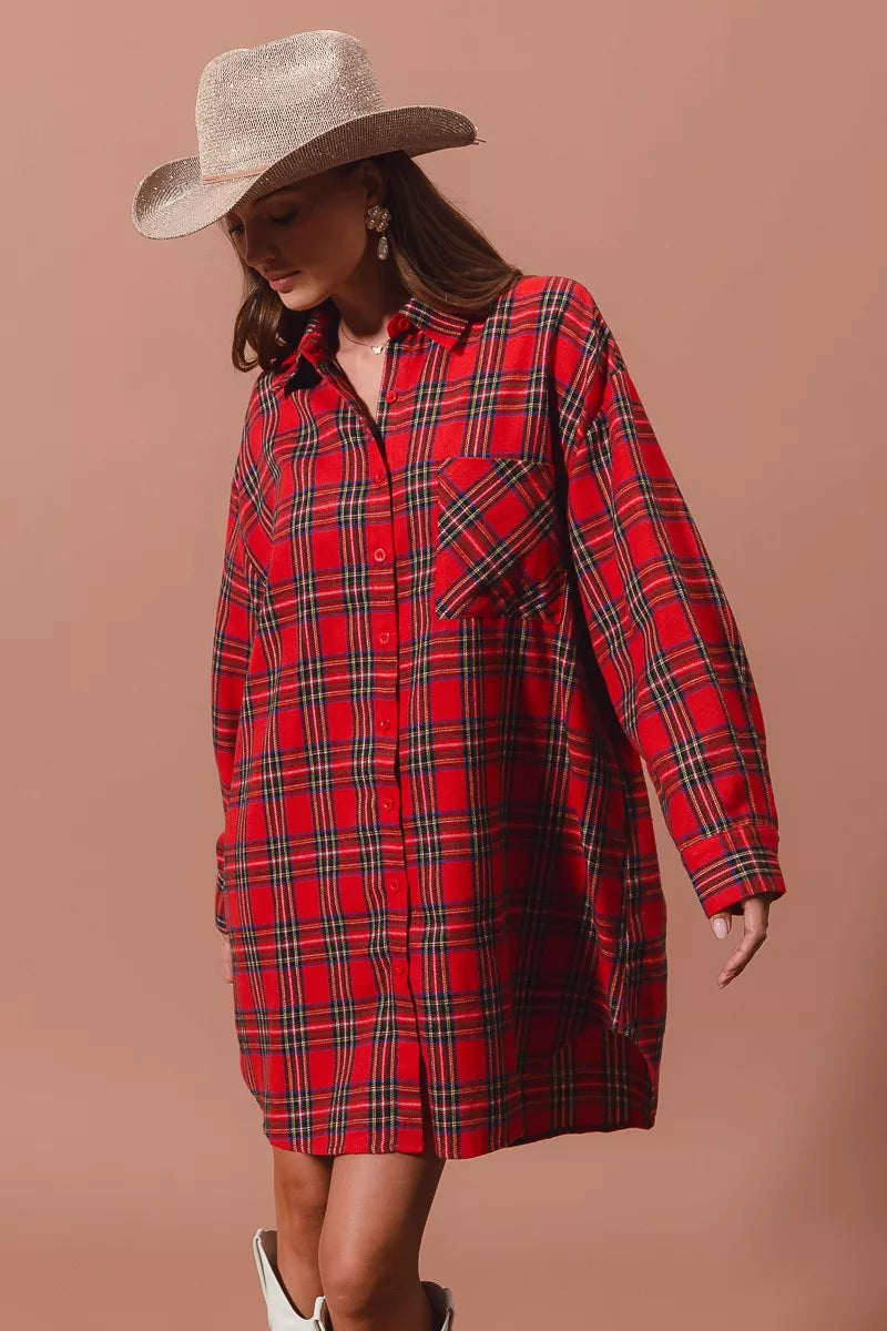 SO ME Christmas Checker Plaid Button Up Shirt Dress - Tigbul's Variety Fashion Shop