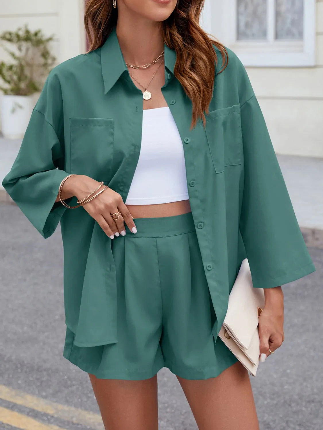 Button Up Long Sleeve Top and Shorts Set - Tigbul's Variety Fashion Shop