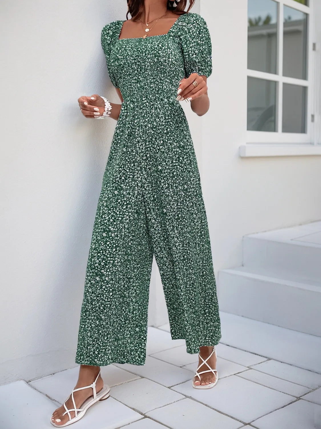 Printed Square Neck Puff Sleeve Jumpsuit - Tigbul's Variety Fashion Shop