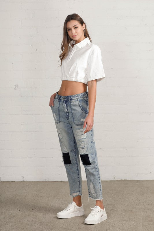 Patched Ripped Frayed Crop Jeans - Tigbul's Variety Fashion Shop