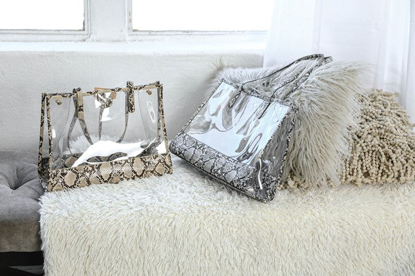 CLEAR PVC SNAKE TRIM TOTE BAG - Tigbul's Variety Fashion Shop