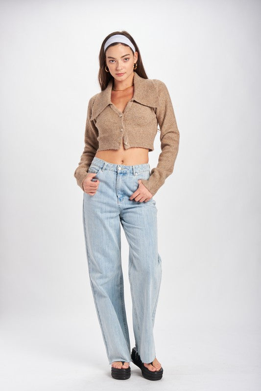 Wide Collar Cropped Cardigan Top - Tigbul's Variety Fashion Shop