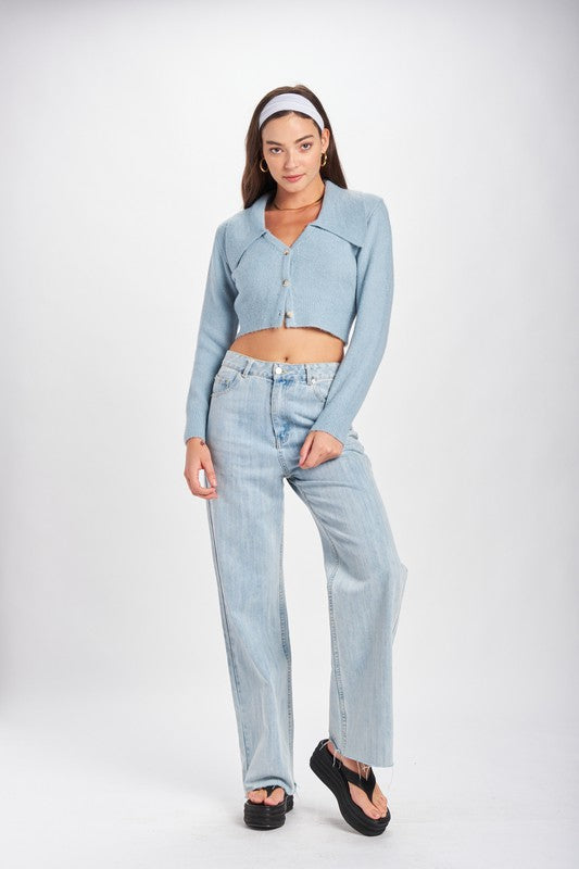 Wide Collar Cropped Cardigan Top - Tigbul's Variety Fashion Shop