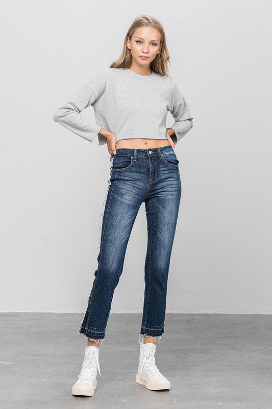 Frayed Hem Dark Wash Cropped Straight Jeans - Tigbul's Variety Fashion Shop