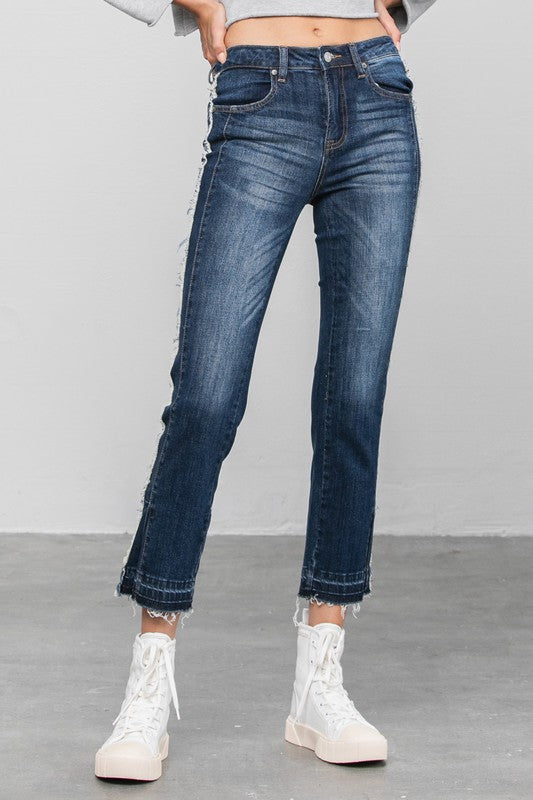 Frayed Hem Dark Wash Cropped Straight Jeans - Tigbul's Variety Fashion Shop