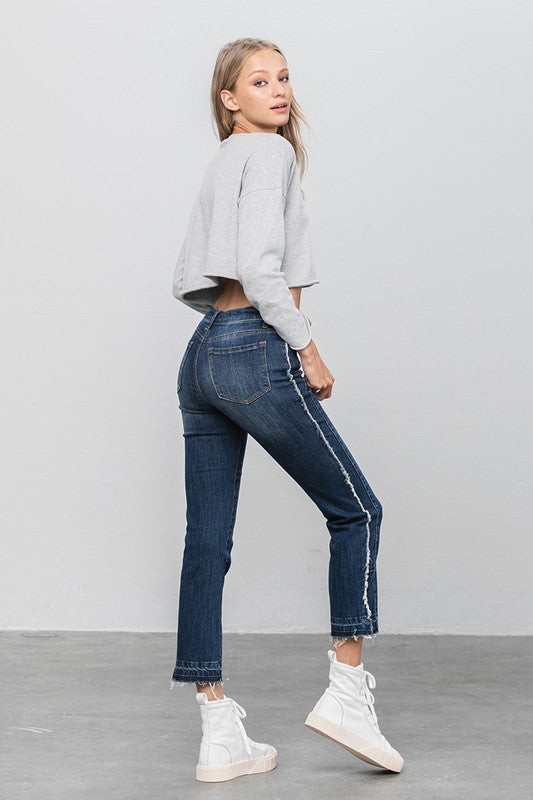Frayed Hem Dark Wash Cropped Straight Jeans - Tigbul's Variety Fashion Shop