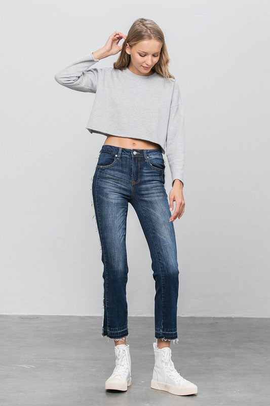 Frayed Hem Dark Wash Cropped Straight Jeans - Tigbul's Variety Fashion Shop