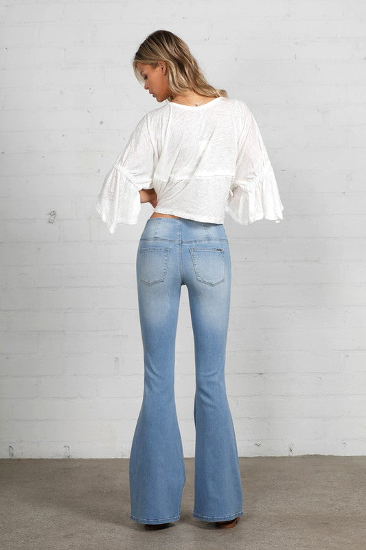 Mid Rise Light Wash Banded Wide Flare Jeans - Tigbul's Variety Fashion Shop