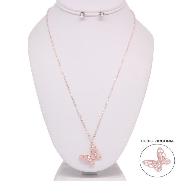 RHINESTONE BUTTERFLY PENDANT NECKLACE EARRING SET - Tigbul's Variety Fashion Shop