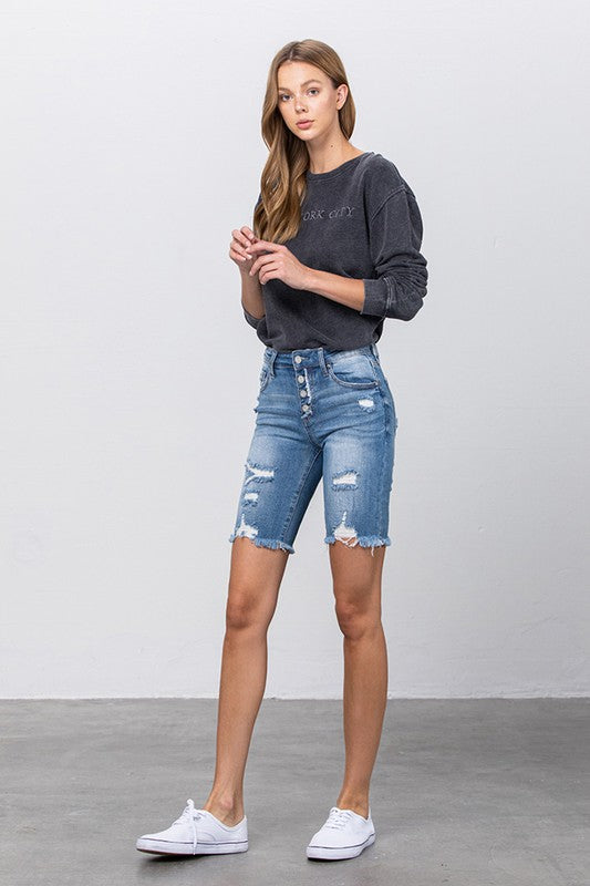 Frayed Raw Hem Ripped Bermuda Shorts - Tigbul's Variety Fashion Shop