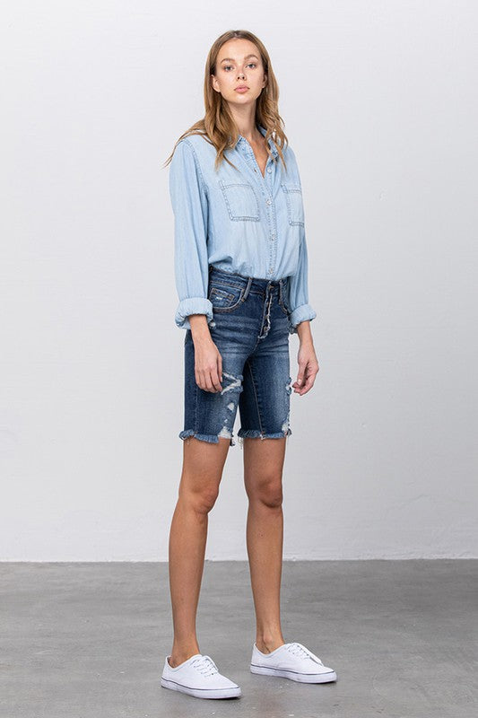 Frayed Raw Hem Ripped Bermuda Shorts - Tigbul's Variety Fashion Shop