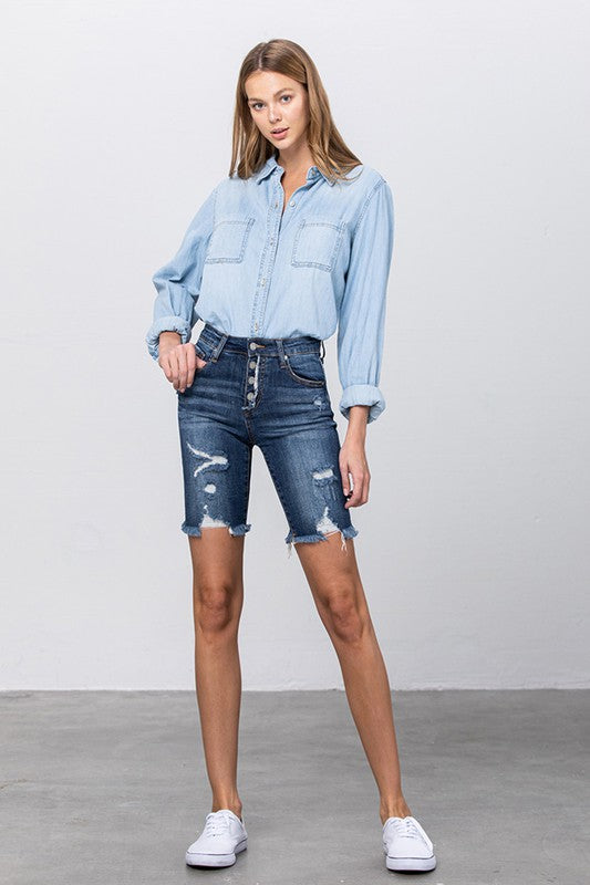 Frayed Raw Hem Ripped Bermuda Shorts - Tigbul's Variety Fashion Shop