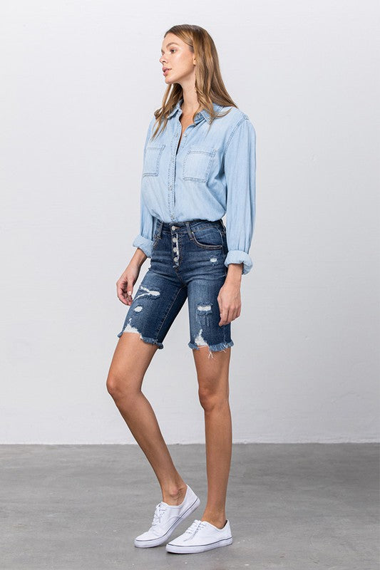 Frayed Raw Hem Ripped Bermuda Shorts - Tigbul's Variety Fashion Shop