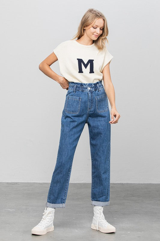 High Rise Paper Bag Waist Slouch Jeans - Tigbul's Variety Fashion Shop
