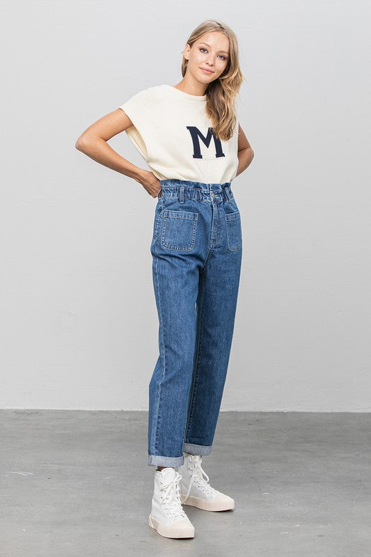 High Rise Paper Bag Waist Slouch Jeans - Tigbul's Variety Fashion Shop