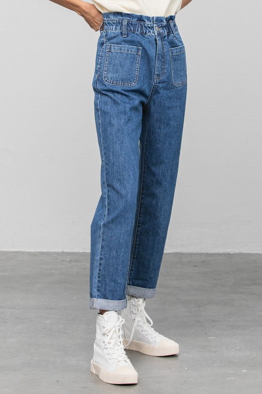 High Rise Paper Bag Waist Slouch Jeans - Tigbul's Variety Fashion Shop