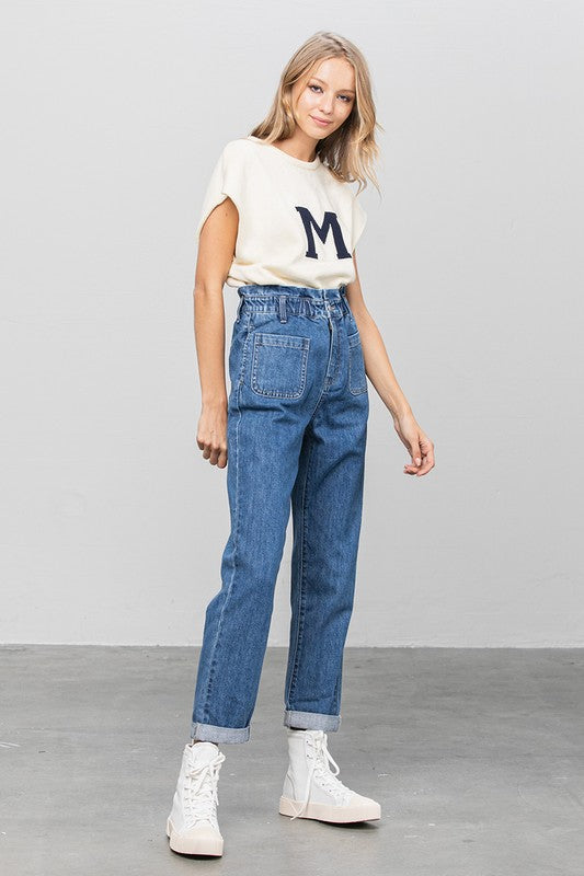 High Rise Paper Bag Waist Slouch Jeans - Tigbul's Variety Fashion Shop