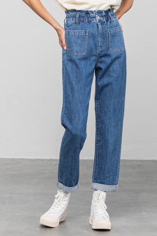 High Rise Paper Bag Waist Slouch Jeans - Tigbul's Variety Fashion Shop