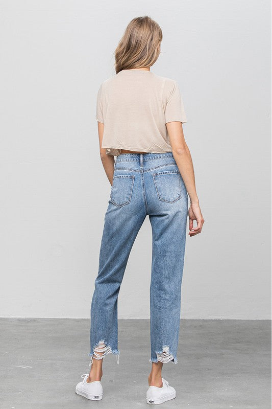 High Waist Ripped Raw Hem Girlfriend Jeans - Tigbul's Variety Fashion Shop