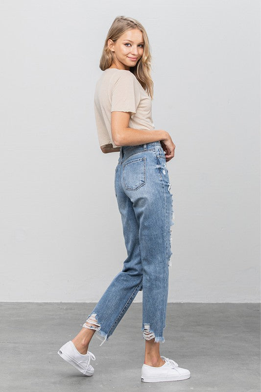 High Waist Ripped Raw Hem Girlfriend Jeans - Tigbul's Variety Fashion Shop