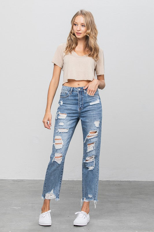 High Waist Ripped Raw Hem Girlfriend Jeans - Tigbul's Variety Fashion Shop