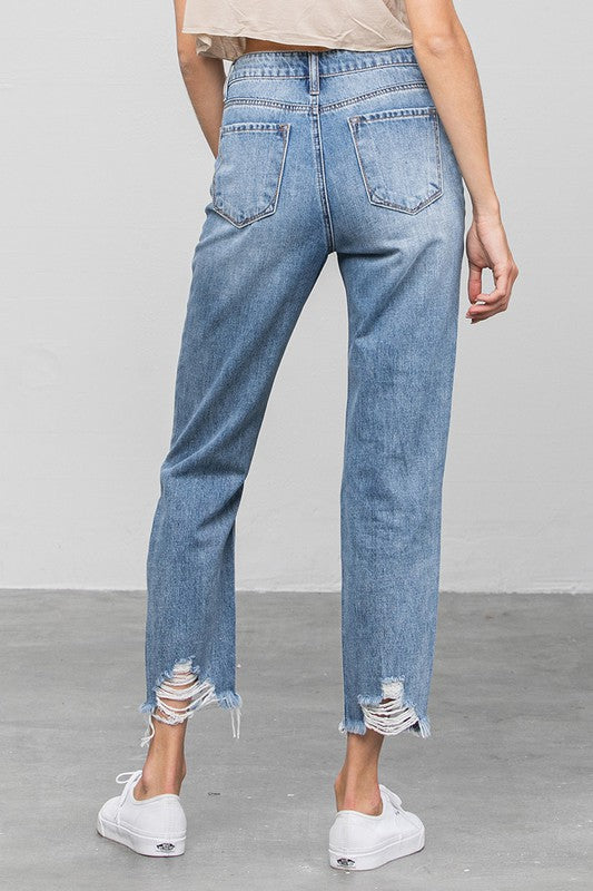 High Waist Ripped Raw Hem Girlfriend Jeans - Tigbul's Variety Fashion Shop
