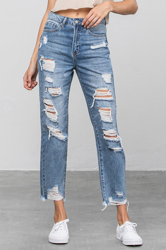 High Waist Ripped Raw Hem Girlfriend Jeans - Tigbul's Variety Fashion Shop