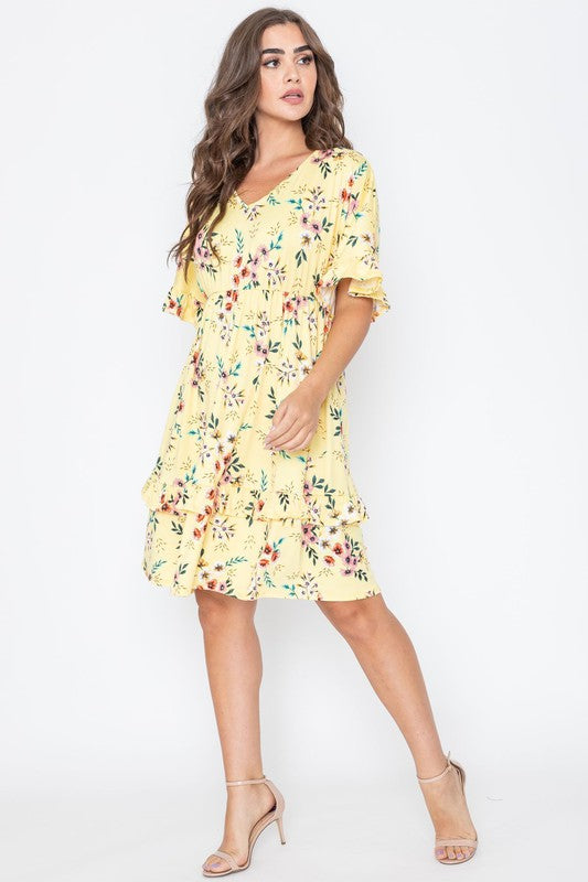 Floral V Neck Ruffle Dress - Tigbul's Variety Fashion Shop