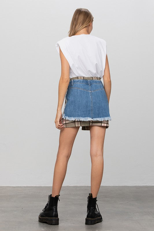 PLAID CHECKER DENIM MINI SKIRT - Tigbul's Variety Fashion Shop
