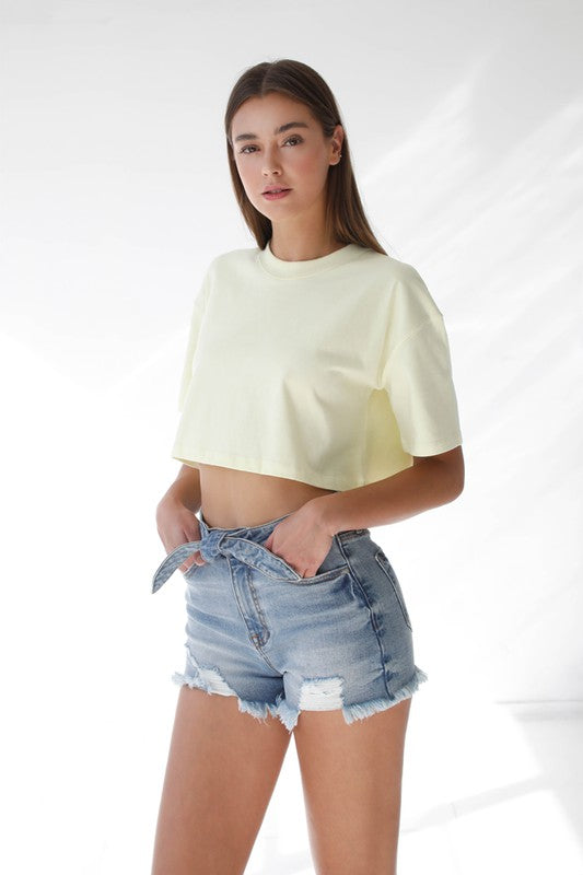 Ribbon Tie Frayed Denim Shorts - Tigbuls Variety Fashion