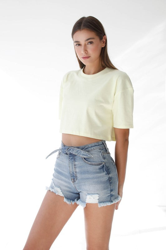 Ribbon Tie Frayed Denim Shorts - Tigbuls Variety Fashion