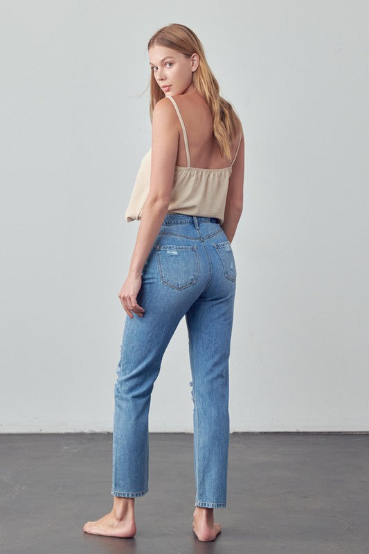 High Rise Distressed Straight Jeans - Tigbul's Variety Fashion Shop