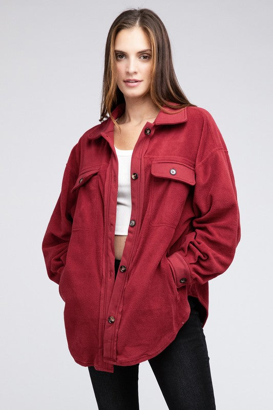 Fleece Buttoned Down Oversized Jacket - Tigbul's Variety Fashion Shop
