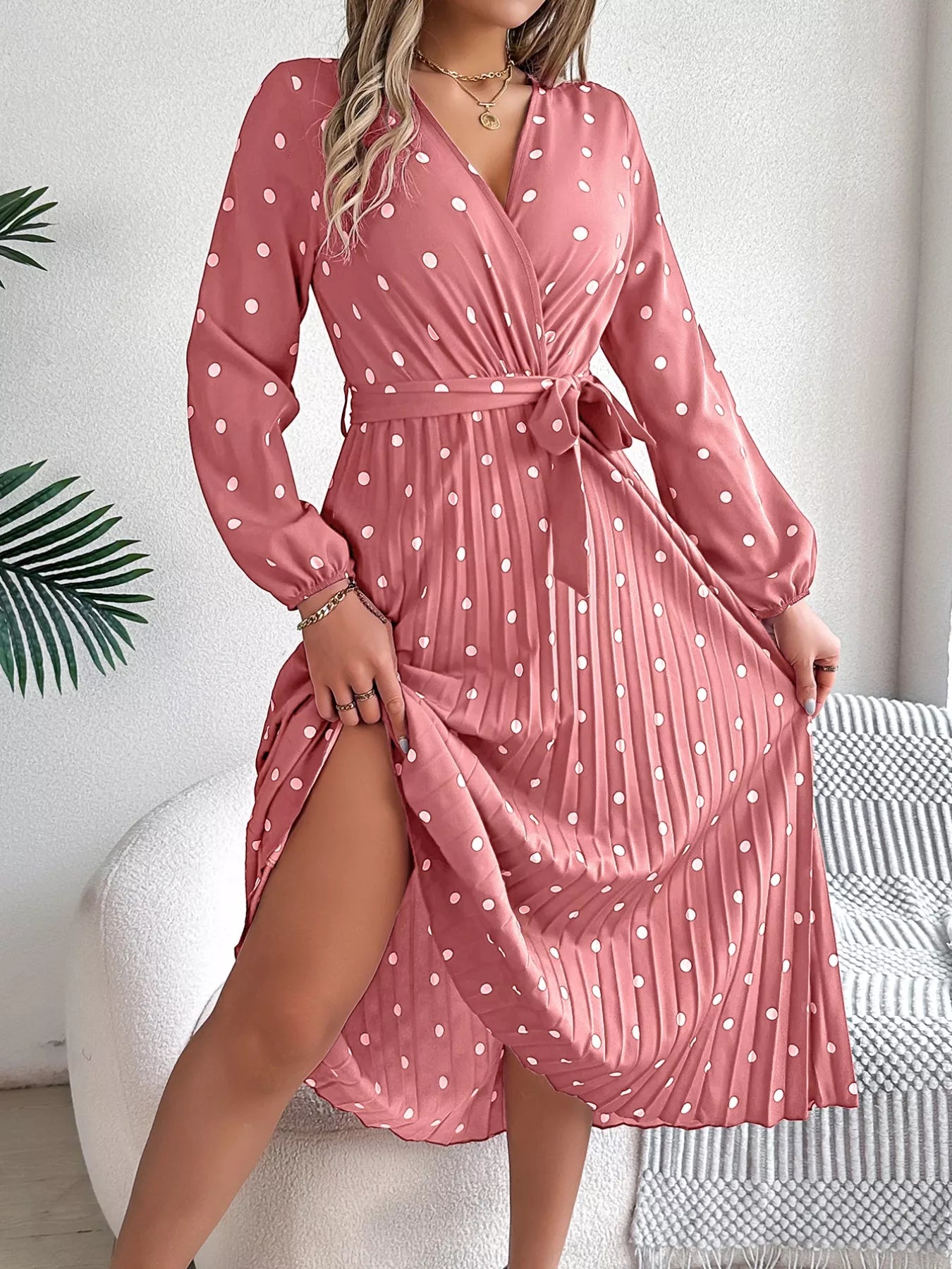 Front Tie Polka Dot Midi Pleated Dress - Tigbul's Variety Fashion Shop