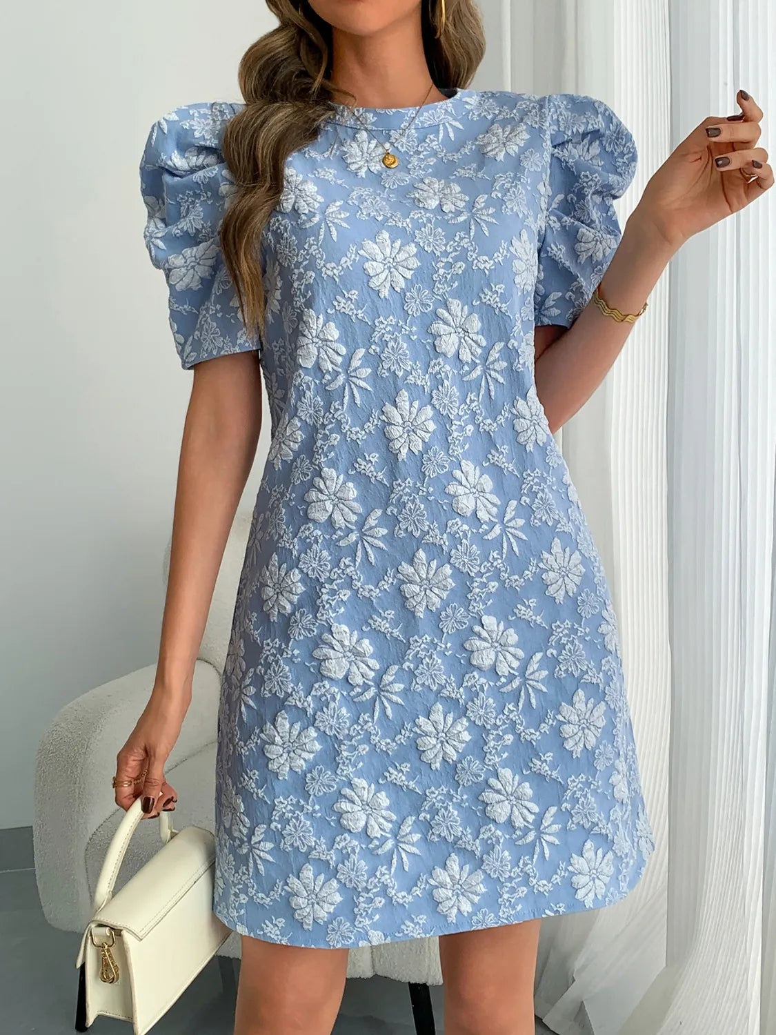 Round Neck Puff Short Sleeve Mini Dress - Tigbul's Variety Fashion Shop