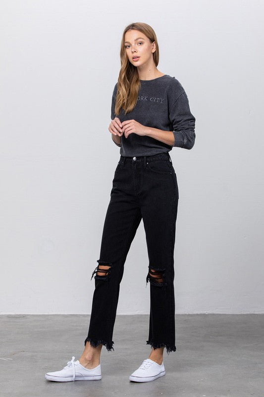 Black Destroyed Straight Leg Jean Pants - Tigbul's Variety Fashion Shop